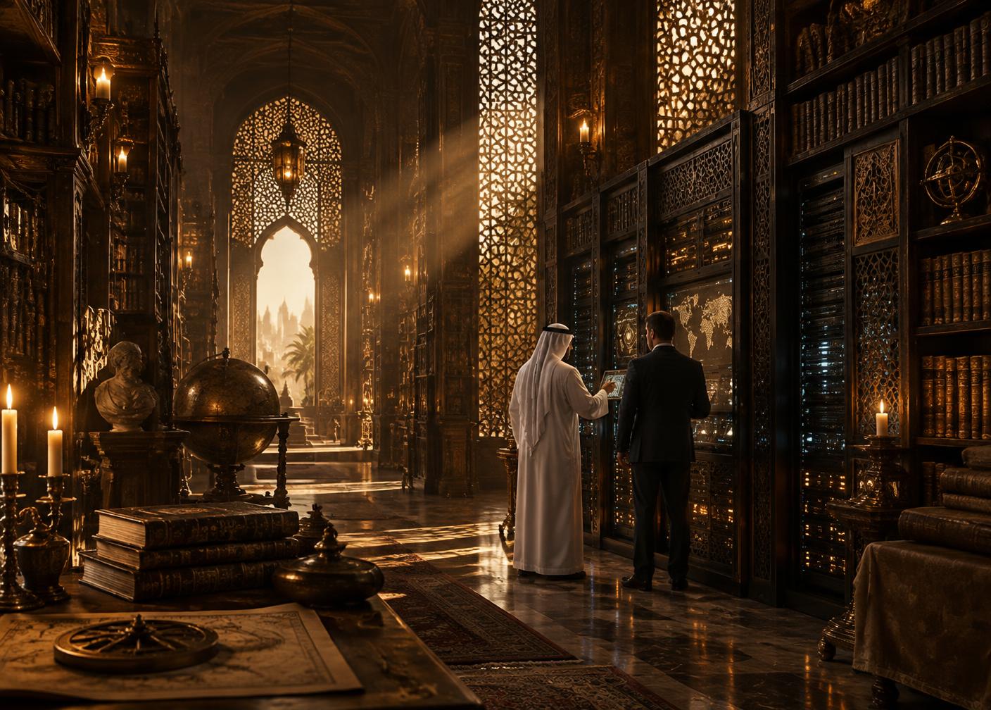A private archive hall blending European library and Gulf lattice, with secure servers